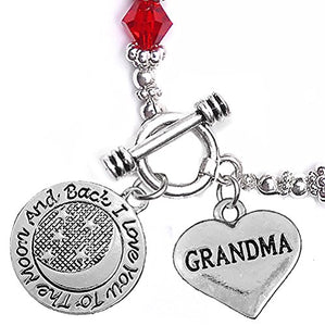 Grandma, "I Love You to The Moon & Back", Red Crystal Charm Bracelet, Safe, Nickel Free.
