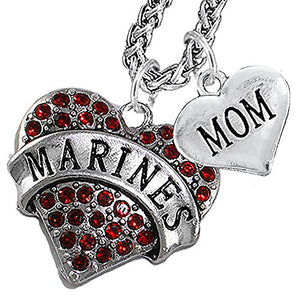 Marine "Mom" Heart Necklace, Will NOT Irritate Anyone with Sensitive Skin. Safe - Nickel & Lead Free