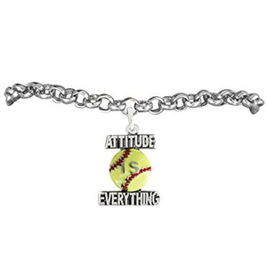 Girls Softball "Attitude Is Everything" ©2011 Yellow Softball Charm, Adjustable, Bracelet