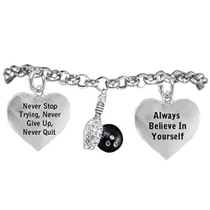 The Perfect Gift Crystal Bowling "Never Give Up, Never Quit" Adjustable Bracelet - Nickel Free