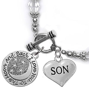 Son, "I Love You to The Moon & Back" Clear Crystal Charm Bracelet, Safe, Nickel Free.
