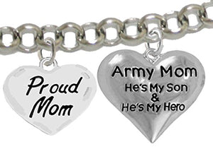 Army, Proud "Mom", My Son Is My Hero Adjustable Bracelet, Safe - Nickel & Lead Free.