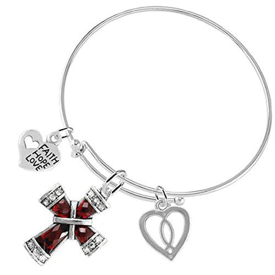 Faith, Hope, Love Christian Crystal Ruby Stone 3 Charm Adjustable Bracelet Safe - Nickel & Lead Free