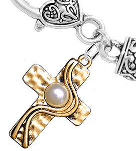 Christian Cross, Two-Tone, Matte Gold Silver, Faux Pearl, Safe - Nickel & Lead Free