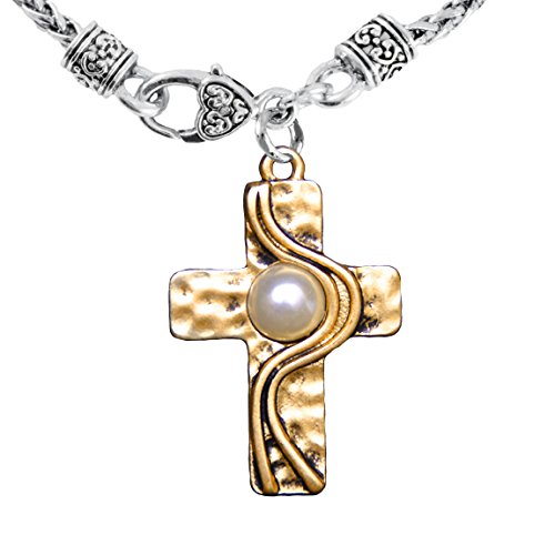 Christian Cross, Two-Tone, Matte Gold & Silver, Faux Pearl Necklace Safe - Nickel & Lead Free