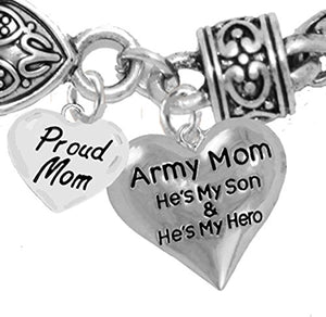 Army, Proud "Mom", My Son Is My Hero Bracelet, Hypoallergenic, Safe - Nickel & Lead Free