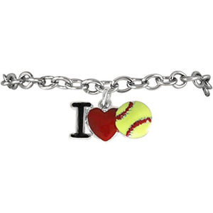 Girls "I Love (Heart) Softball" ©2011 "Red Stitching" Yellow Softball Charm, Adjustable, Bracelet