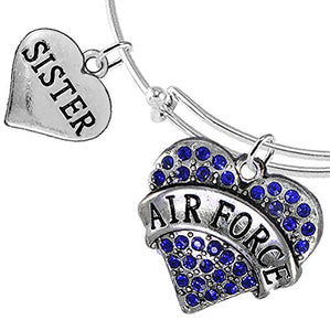 Air Force "Sister" Heart Bracelet, Will NOT Irritate Anyone with Sensitive Skin. Safe - Nickel Free