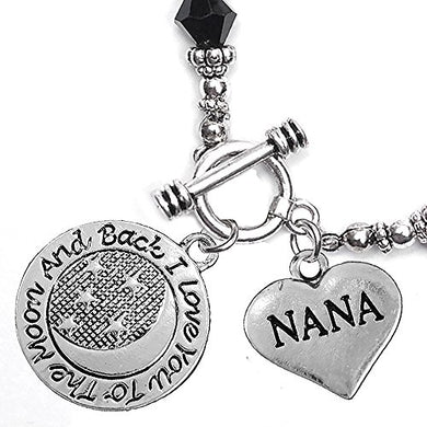 Nana, I Love You to The Moon & Back Jet Crystal Charm Bracelet, Safe, Nickel Free.