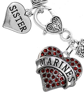 Marine "Sister" Heart Bracelet, Will NOT Irritate Anyone with Sensitive Skin. Nickel & Lead Free