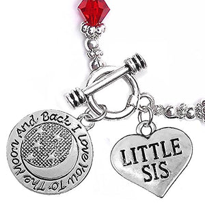 Little Sis, "I Love You to The Moon & Back", Red Crystal Charm Bracelet, Safe, Nickel Free.