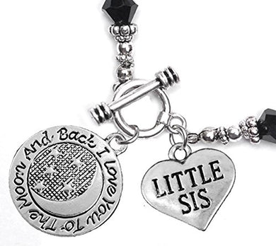 Little Sis, I Love You to The Moon & Back Jet Crystal Charm Bracelet, Safe, Nickel Free.