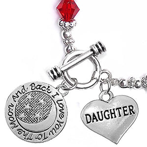 Daughter, "I Love You to The Moon & Back", Red Crystal Charm Bracelet, Safe, Nickel Free.