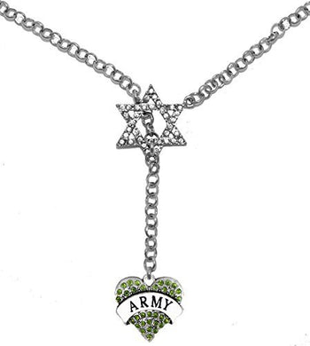 Jewish Army Crystal Heart, on Star of David, Rolo Chain Necklace, Safe - Nickel & Lead Free