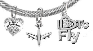 Airline Flight Attendant, "I Love to Fly", Adjustable Cable Chain with Crystal Ends Charm Bracelet
