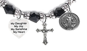 Saint Benedict Charm, My "Daughter", My Joy, My Sunshine, My Heart & Prayer Black Crystal Bracelet