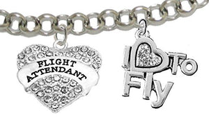 Flight Attendant, "I Love to Fly", Genuine Crystal, Adjustable Rolo Chain Charm Bracelet