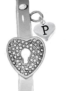 It Really Locks! The Key to My Heart, "Initial P", Cuff Crystal Bracelet - Safe, Nickel & Lead Free