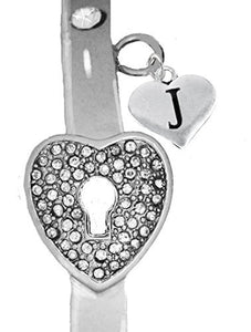 It Really Locks! The Key to My Heart, "Initial J", Cuff Crystal Bracelet - Safe, Nickel & Lead Free