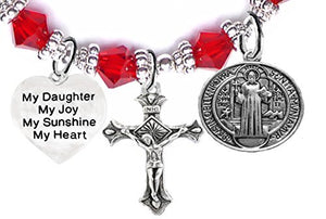 Saint Benedict Charm, My "Daughter", My Joy, My Sunshine, My Heart & Prayer Red Crystal Bracelet