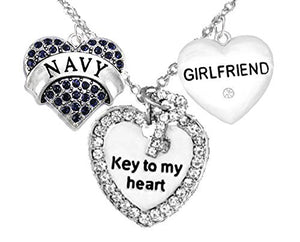 Navy Girlfriend, "Key to My Heart", "Crystal Girlfriend" Heart Charm Necklace, Safe - Nickel Free