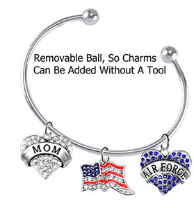 Air Force "Mom", Crystal American Flag, Air Force Charm, Adjustable, Removable Ball Bracelet Safe