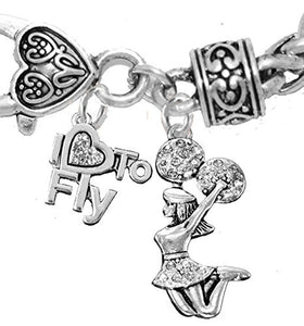 Cheerleader, Crystal "I Love to Fly", Jumping Cheerleader, Antique Wheat Chain Charm Bracelet -Safe