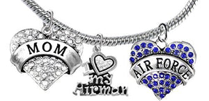 Air Force "Mom", Crystal I Love My Airman, Air Force Charm, Snake Chain Bracelet - Safe, Nickel Free