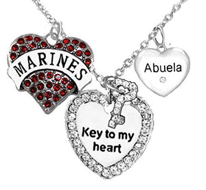 Marine Abuela, "Key to My Heart", "Crystal Abuela" Heart Charm Necklace, Safe - Nickel & Lead Free