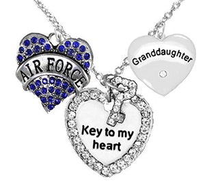 Air Force Granddaughter", "Key to My Heart", Crystal "Granddaughter" Heart Necklace
