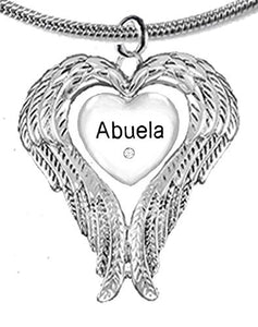 Guardian Angel, Heart (Love) Shaped Wings, "Abuela" Crystal Necklace, Adjustable, Nickel & Lead Free