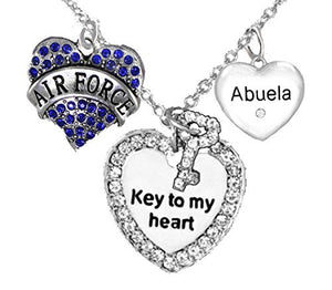 Air Force, Key to My Heart, Crystal "Abuela, Heart Necklace, Hypoallergenic - Nickel & Lead Free