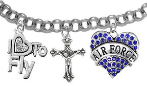 Air Force, "I Love to Fly", Genuine Crystal, Crucifix, Adjustable Bracelet - Nickel & Lead Free
