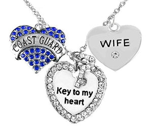 Coast Guard Wife, "Key to My Heart", "Crystal Wife" Heart Charm Necklace, Adjustable, Safe