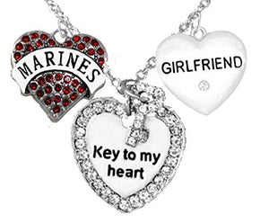 Marine Girlfriend, "Key to My Heart", "Crystal Girlfriend" Heart Charm Necklace, Safe - Nickel Free