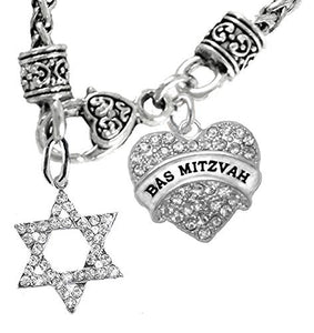 Jewish "Bas Mitzvah", Beautiful Crystal Heart, Star of David On Wheat Chain Necklace, Safe