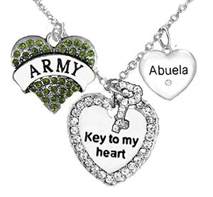 Army Abuela Genuine Crystal "Key to My Heart" & Crystal Abuela Heart, Adjustable, Safe - Nickel Free