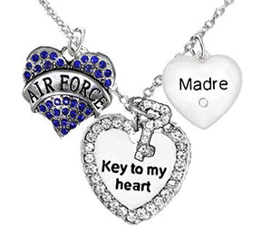 Air Force Madre, "Key to My Heart", Crystal "Madre" Heart Necklace, Safe - Nickel & Lead Free