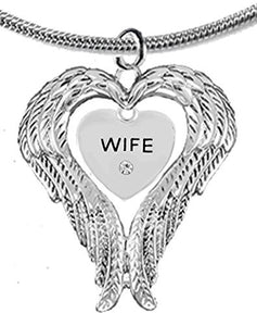 Guardian Angel, Heart (Love) Shaped Wings, "Wife" Crystal Necklace, Adjustable - Nickel & Lead Free