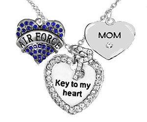 Air Force "Mom", "Key to My Heart", Crystal "Mom" Heart Necklace, Safe - Nickel & Lead Free