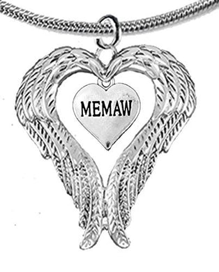 Guardian Angel, Heart (Love) Shaped Wings for Memaw Necklace, Adjustable - Safe, Nickel & Lead Free