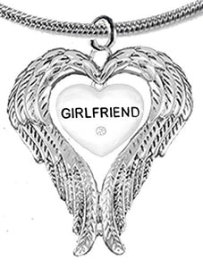Guardian Angel, Heart (Love) Shaped Wings, "Girlfriend" Crystal Necklace - Safe, Nickel & Lead Free