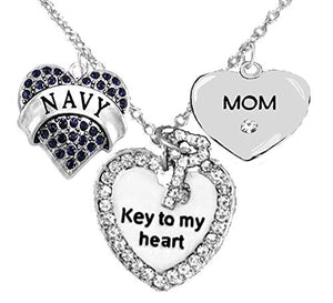 Navy "Mom", "Key to My Heart", "Crystal Mom" Heart Charm Necklace, Safe - Nickel & Lead Free