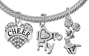 Cheer Crystal Heart, "I Love to Fly", Jumping Cheerleader, Genuine Cable Adjustable Charm Bracelet