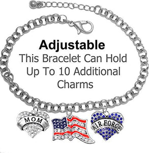 Air Force "Mom", Crystal American Flag, Air Force Charm, Adjustable Rolo Chain Bracelet - Safe