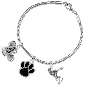 Black Paw "Cheer" 3 Charm Bracelet  ©2015, Safe - Hypoallergenic, Nickel, Lead & Cadmium Free