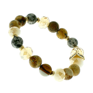 Brown, Glass And Earth-tone Beaded Stretch Bracelet "Faith" "Hope" "Love" "Blessed" On Gold-toned Accent