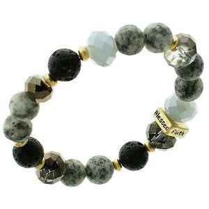 Black, Glass And White Marble Beaded Stretch Bracelet "Faith" "Hope" "Love" "Blessed" On Gold-toned Accent