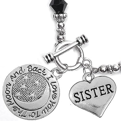 Sister, I Love You to The Moon and Back Jet Crystal Charm Bracelet, Hypoallergenic, Safe, Nickel, Lead & Cadmium Free.