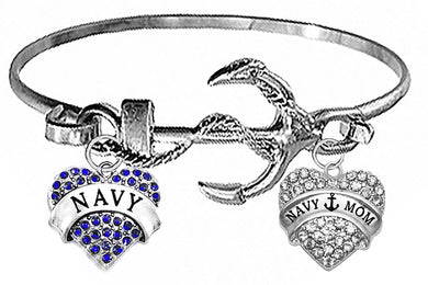 U.S. Navy Blue Austrian Crystal Charm, U.S. Navy Mom, On A Silvertone Anchor Cuff Bracelet. Genuine Austrian Cut Crystal Heart Charm. What A Wonderful Gift For Yourself, Or Someone Special. Gift Ready, Comes In A Black Velvet Bag